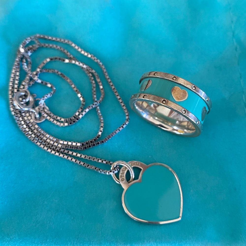 TIFFANY & CO Blue Enamel Heart Ring-Size 5.5 & Blue Enamel Heart Charm
